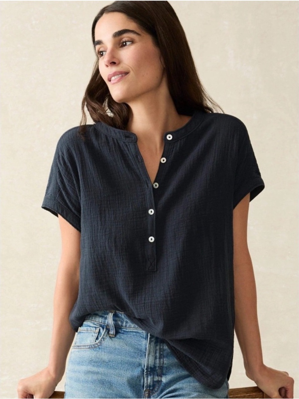Faherty Dream Organic Cotton Gauze Desmond Short Sleeve Top Navy Blue S